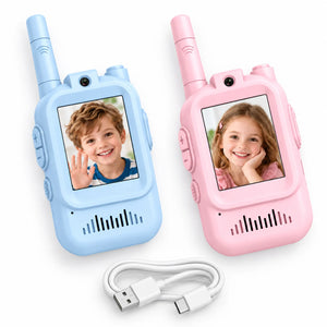Kids rechargeable video walkie talkies in blue and pink
