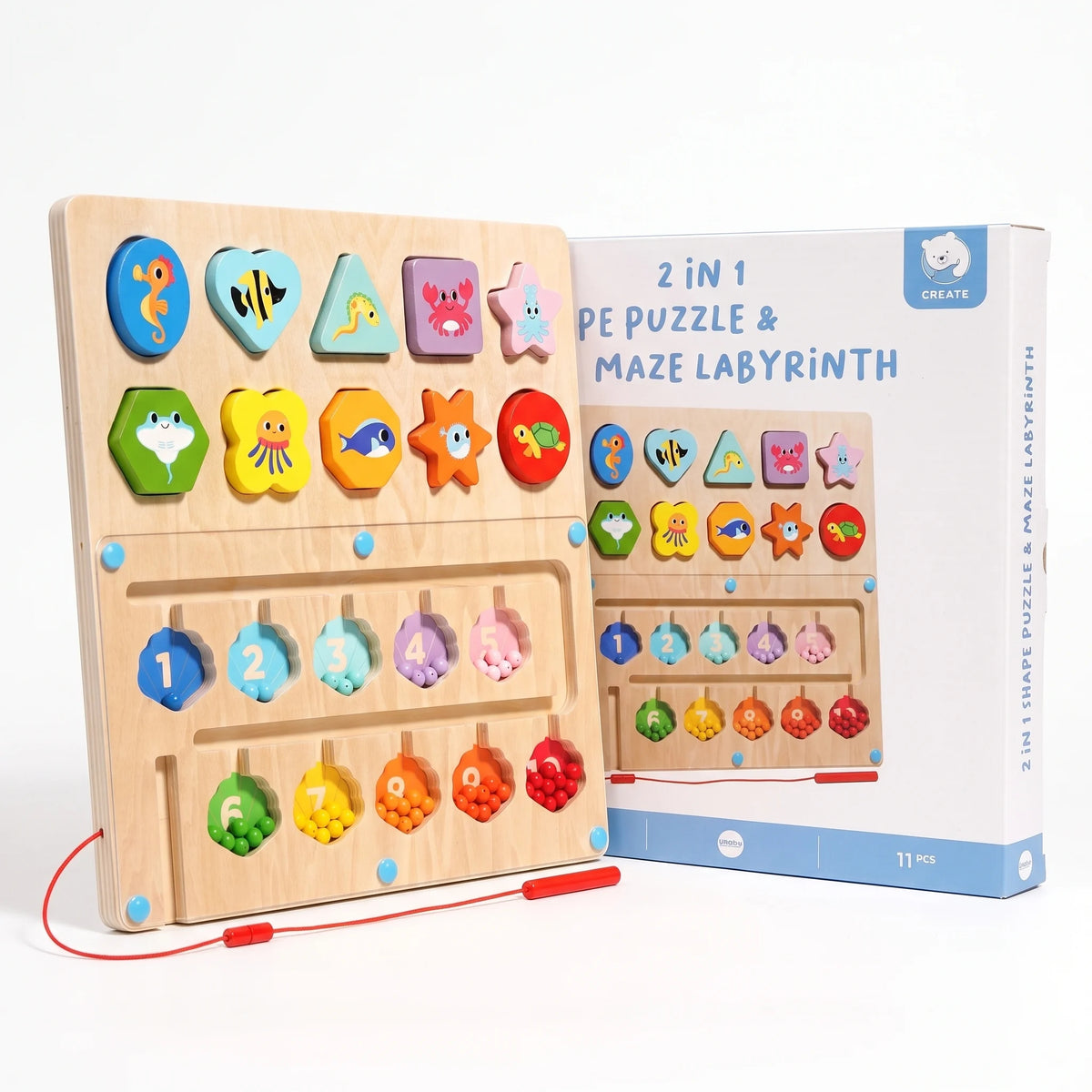 2-in-1 Wooden Magnetic Number Maze & Ocean Shape Sorting Puzzle