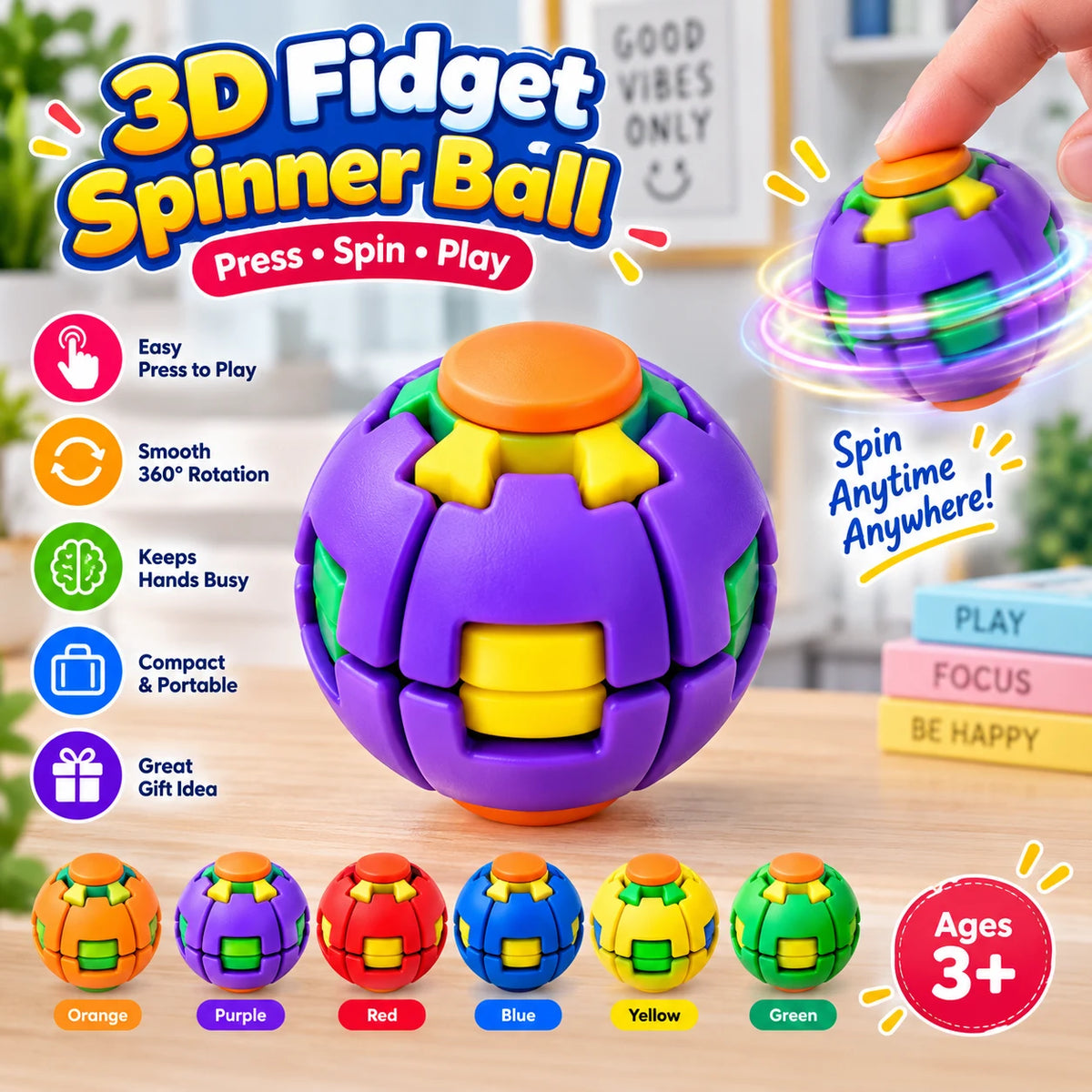 Shop the 3D Press & Spin Fidget Gyro Ball for kids ages 3+. Compact, portable and fun for tactile, sensory and screen-free play across Pakistan.