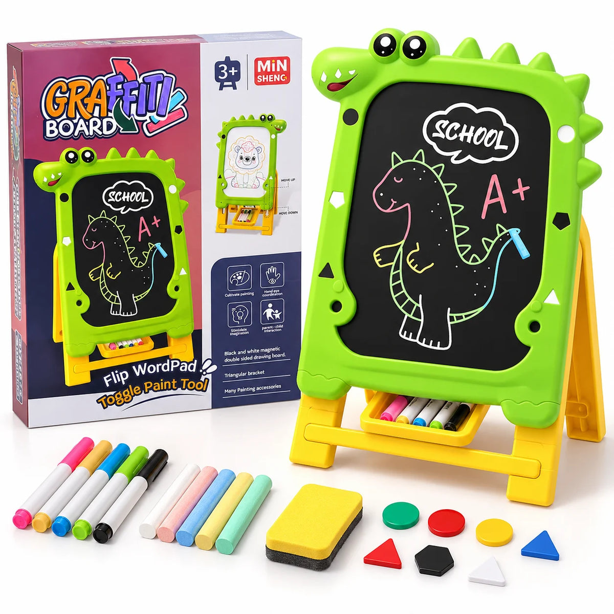 2-in-1 Dinosaur Double-Sided Drawing Board – Chalkboard & Whiteboard Easel for Kids