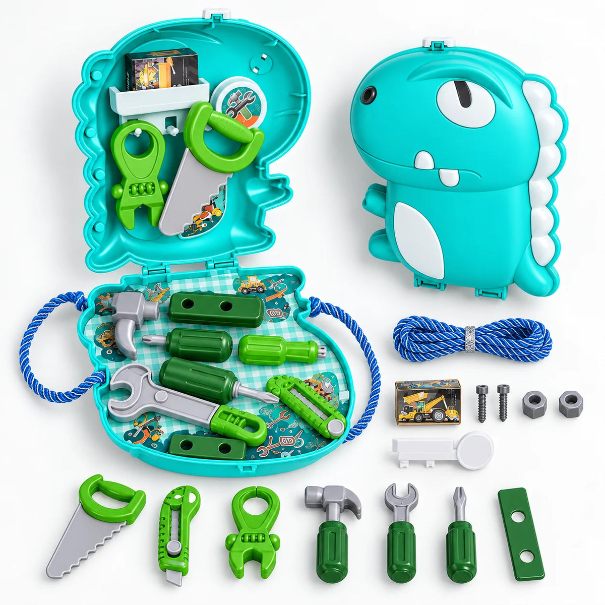 2-in-1 Dinosaur Tool Box Backpack Set for Kids – 17-Piece Pretend Play Tool Kit