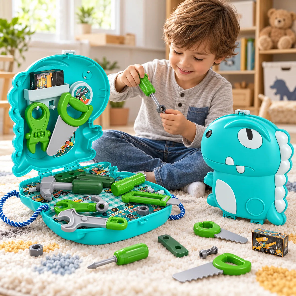 2-in-1 Dinosaur Tool Box Backpack Set for Kids – 17-Piece Pretend Play Tool Kit