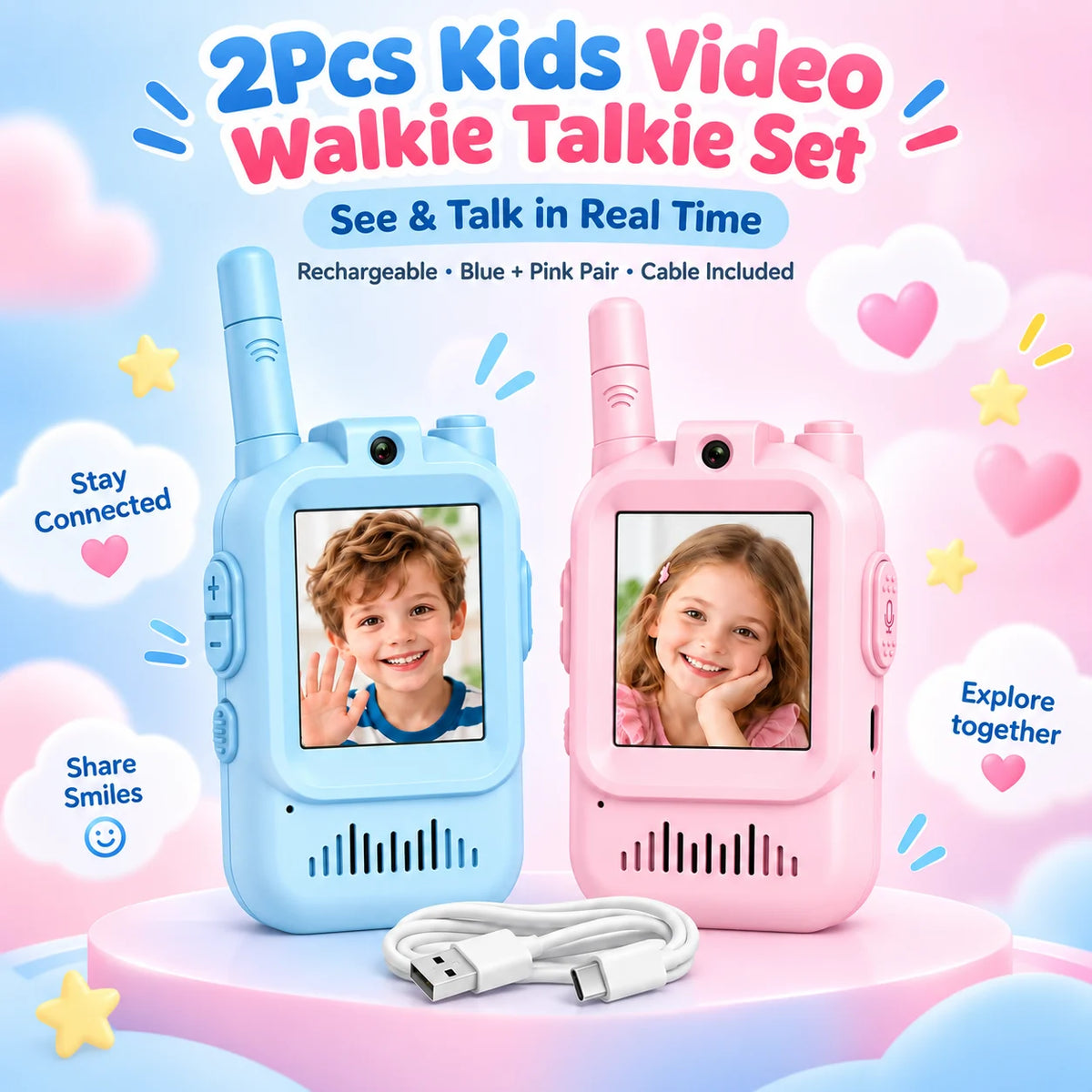 Kids rechargeable video walkie talkies in blue and pink